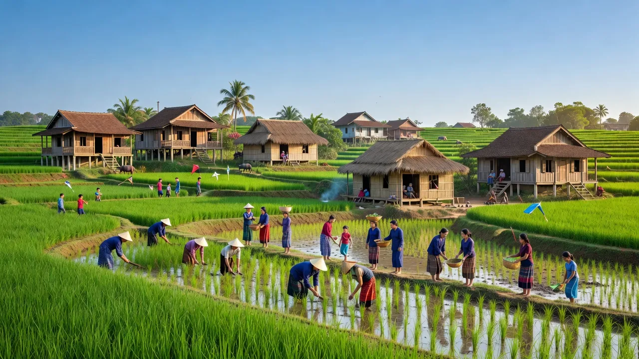 Khung cảnh Xã Thuận Lợi, Huyện Đồng Phú, tỉnh Bình Phước với ruộng xanh và cuộc sống nông thôn.