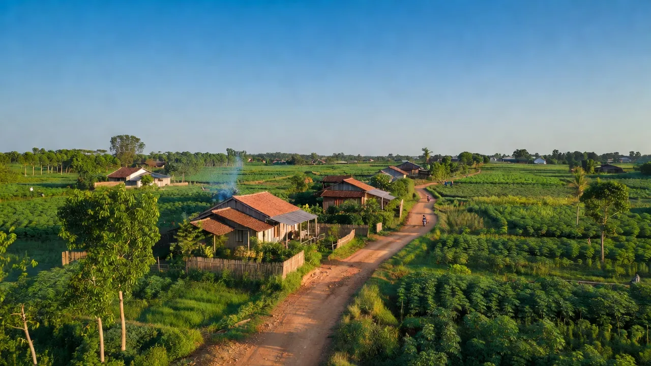 Khung cảnh yên bình tại xã Thuận Phú, huyện Đồng Phú, tỉnh Bình Phước với cánh đồng xanh tươi.