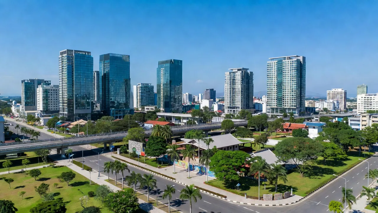 Cảnh thành phố Đồng Xoài, Bình Phước với tòa nhà hiện đại và thiên nhiên xanh tươi.