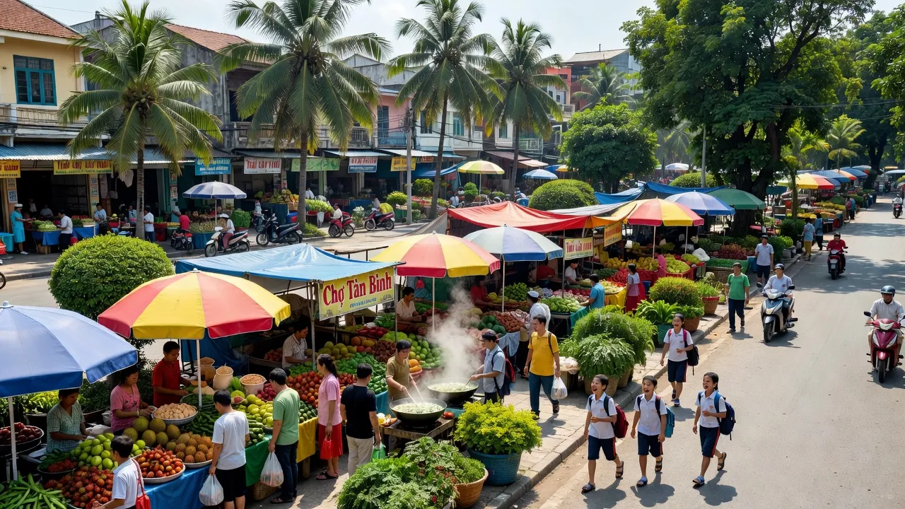 Phường Tân Bình, Đồng Xoài, Bình Phước với hoạt động thương mại và sinh hoạt đông đúc.