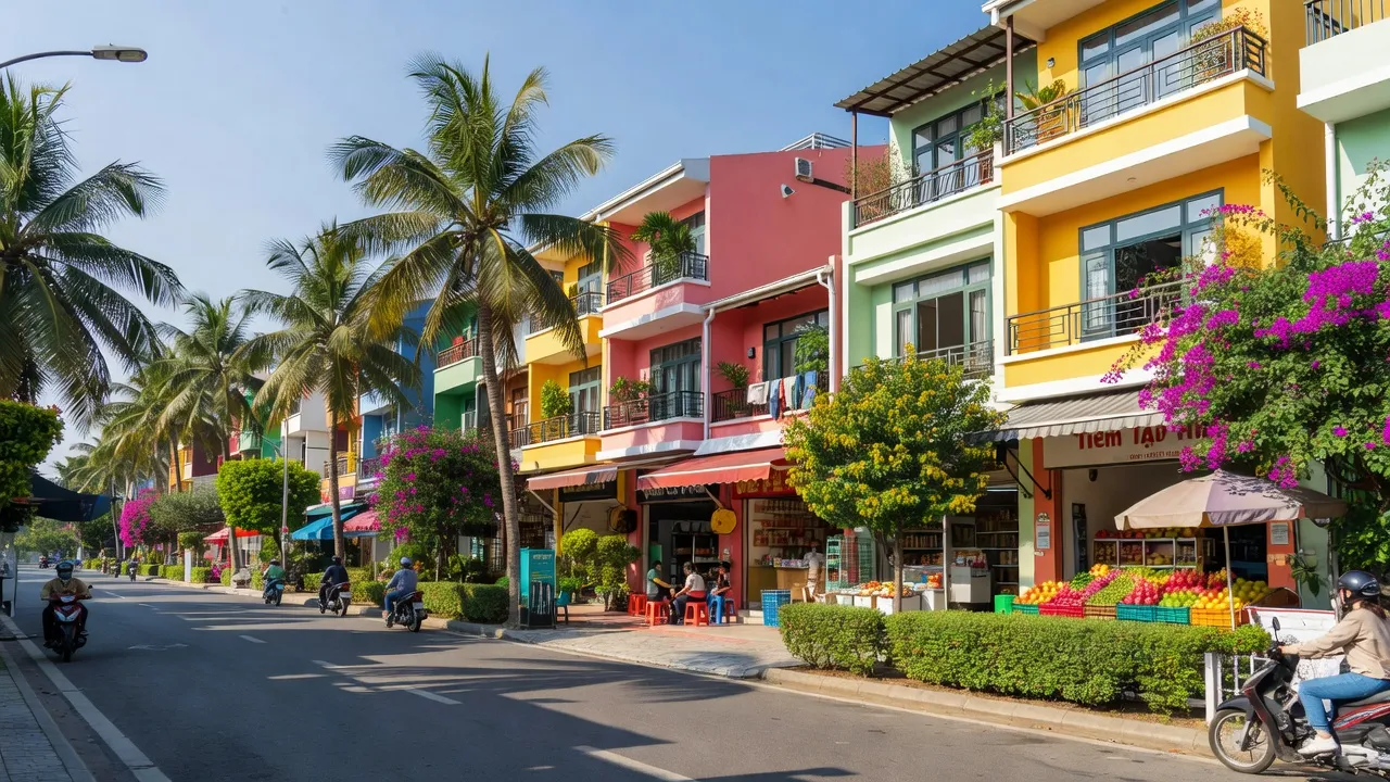 Cảnh quan Phường Tân Phú, Thành phố Đồng Xoài, tỉnh Bình Phước với đường phố và cây xanh.
