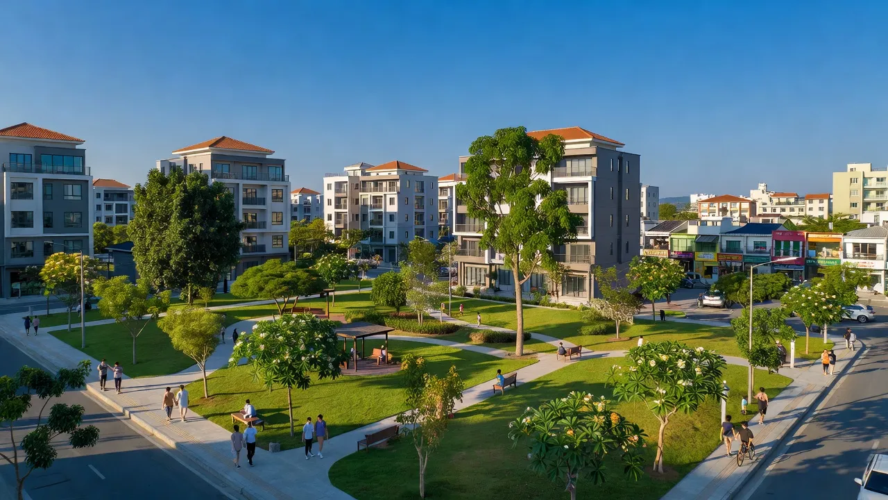 Phường Tân Thiện, Thành phố Đồng Xoài, Bình Phước với không gian sống hiện đại và cây xanh.