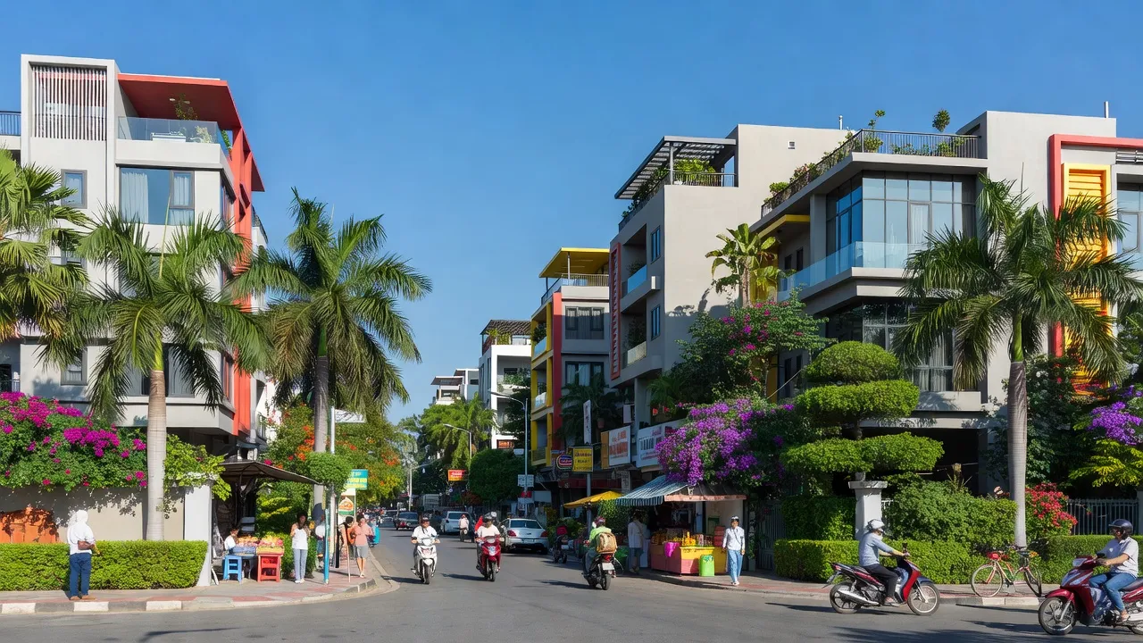 Cảnh sắc Phường Tiến Thành, Đồng Xoài, với kiến trúc hiện đại và cây xanh tươi mát.