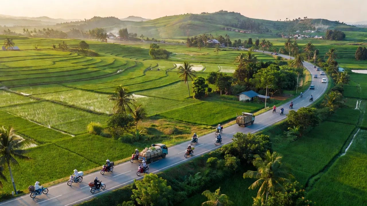 Cảnh quan huyện Hớn Quản, tỉnh Bình Phước với đồng xanh và giao thông sôi động.