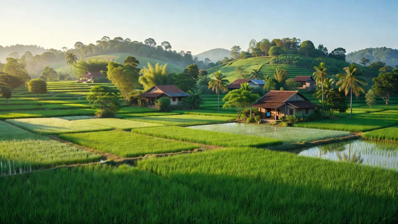 Khung cảnh quê hương An Khương, Hớn Quản, Bình Phước với đồi núi và đồng ruộng xanh.
