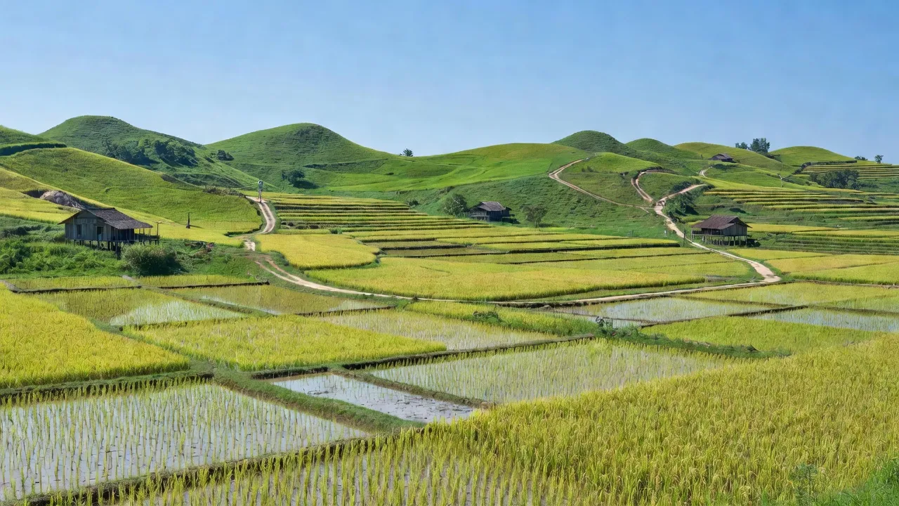 Khung cảnh vùng quê An Khương, Huyện Hớn Quản với đồng lúa xanh và đồi núi thấp.