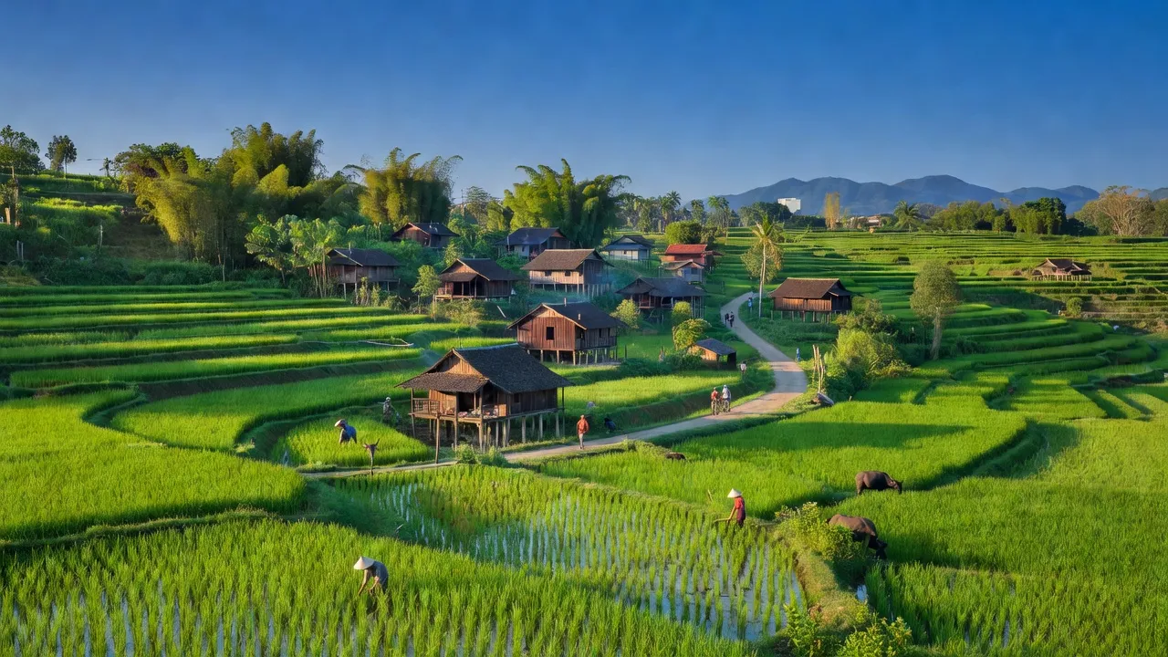 Cảnh quan xã Phước An, huyện Hớn Quản, tỉnh Bình Phước với ruộng lúa và nhà truyền thống.