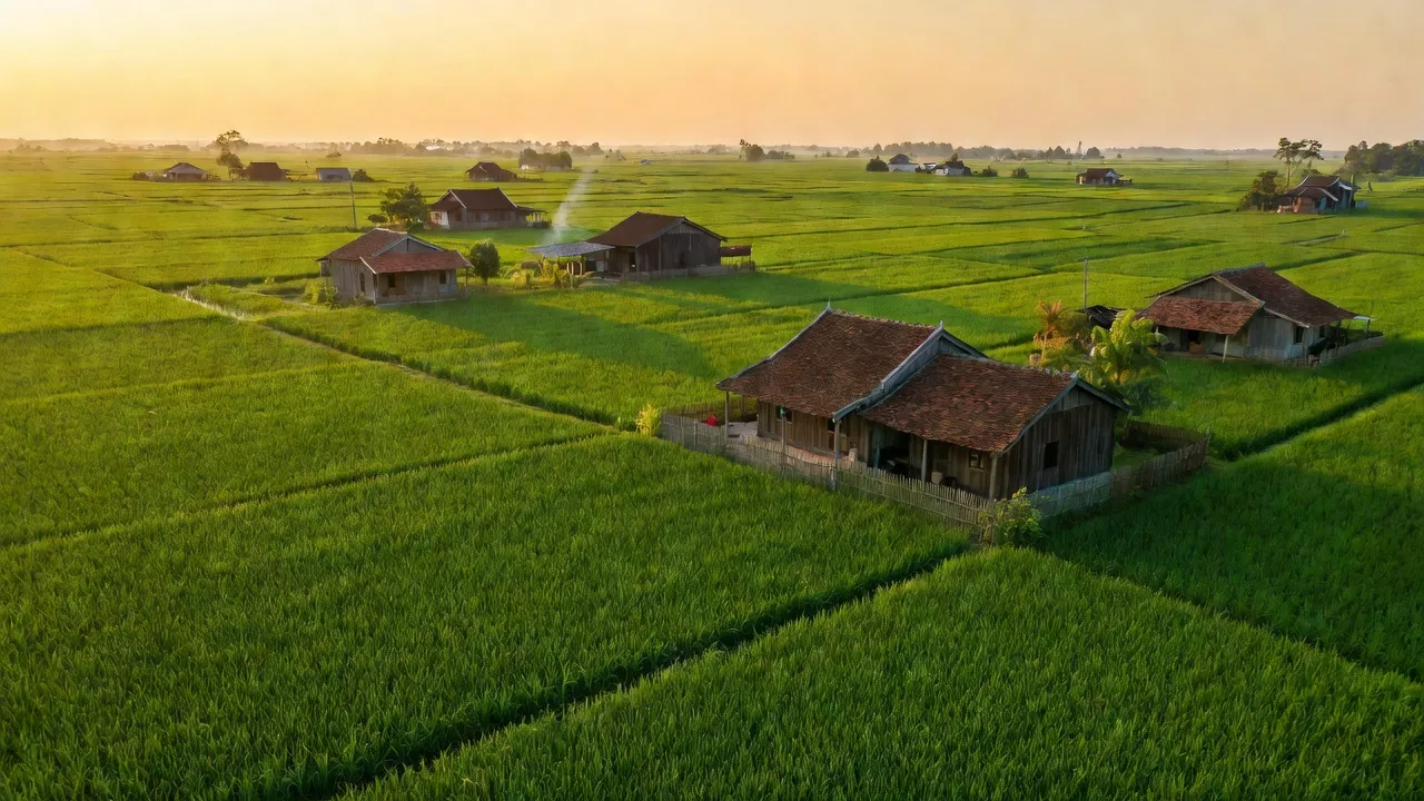 Cánh đồng xanh và nhà nông thôn tại xã Tân Hiệp, huyện Hớn Quản, tỉnh Bình Phước.