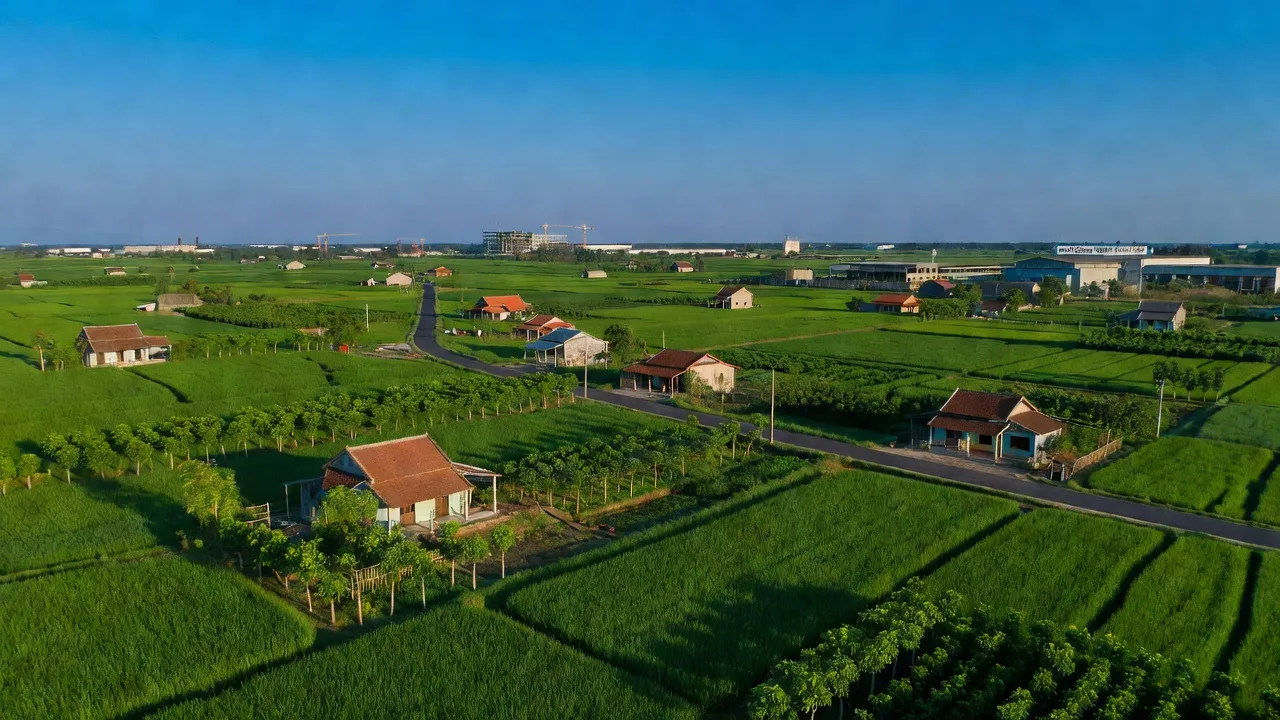 Khung cảnh nông thôn xã Tân Hiệp, Huyện Hớn Quản, Bình Phước với đồng xanh và bầu trời trong xanh.