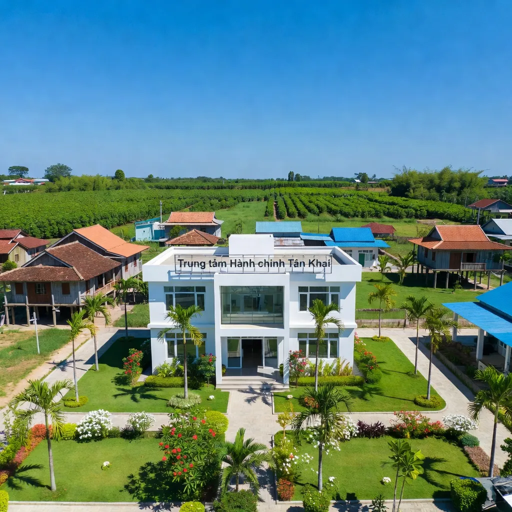 Khung cảnh Thị trấn Tân Khai, Huyện Hớn Quản với kiến trúc và thiên nhiên xanh mát.