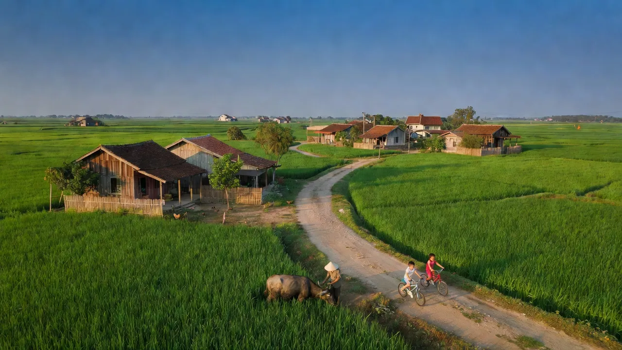 Thị trấn Tân Khai, Huyện Hớn Quản, tỉnh Bình Phước với cánh đồng xanh và kiến trúc địa phương.