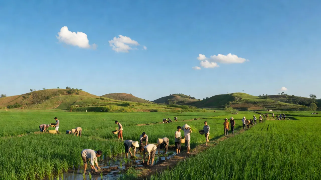 Cảnh đẹp xã Tân Lợi, huyện Hớn Quản, Bình Phước với cánh đồng và đời sống nông nghiệp.