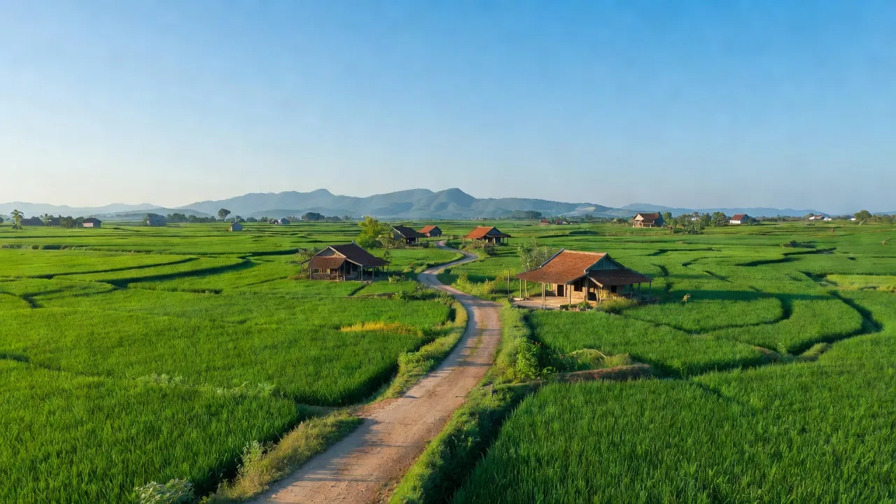 Khung cảnh Thanh An, huyện Hớn Quản, tỉnh Bình Phước với đồng xanh, nhà truyền thống và bầu trời trong xanh.