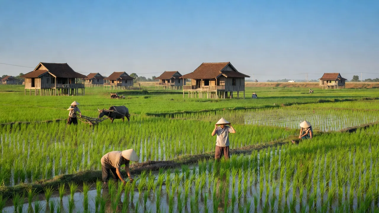 Cảnh đẹp xã Thanh Bình, huyện Hớn Quản, tỉnh Bình Phước với cánh đồng xanh và nhà truyền thống.