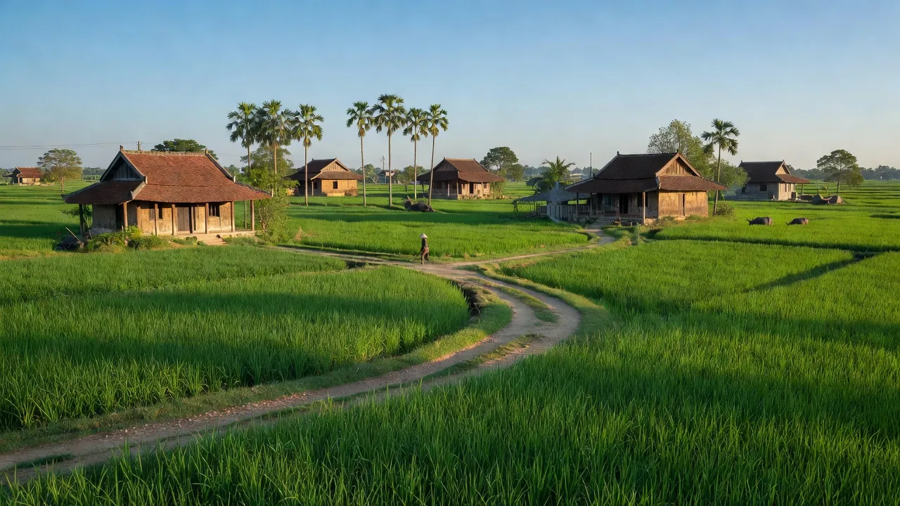 Khung cảnh yên bình xã Thanh Bình, huyện Hớn Quản, tỉnh Bình Phước với nhà truyền thống và cánh đồng xanh.