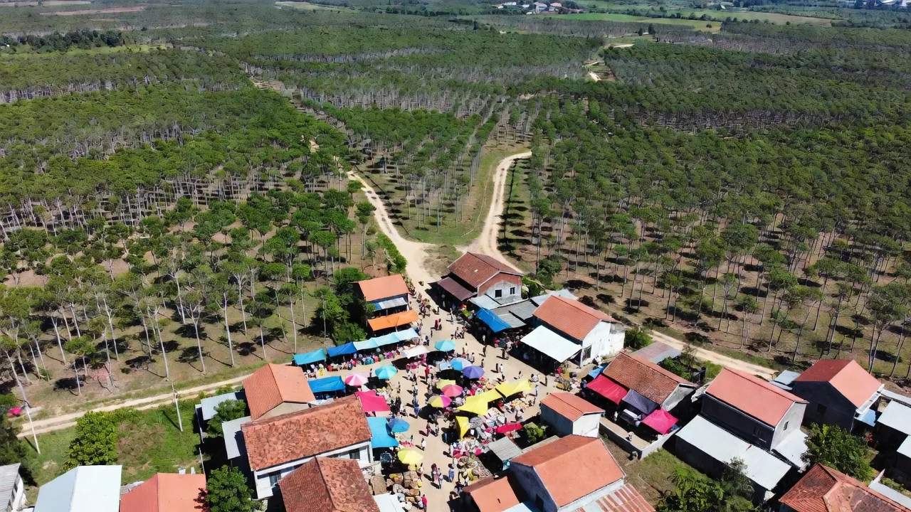 Toàn cảnh xã Lộc Điền, tỉnh Bình Phước với cao su và chợ địa phương, ngày nhiều nắng.