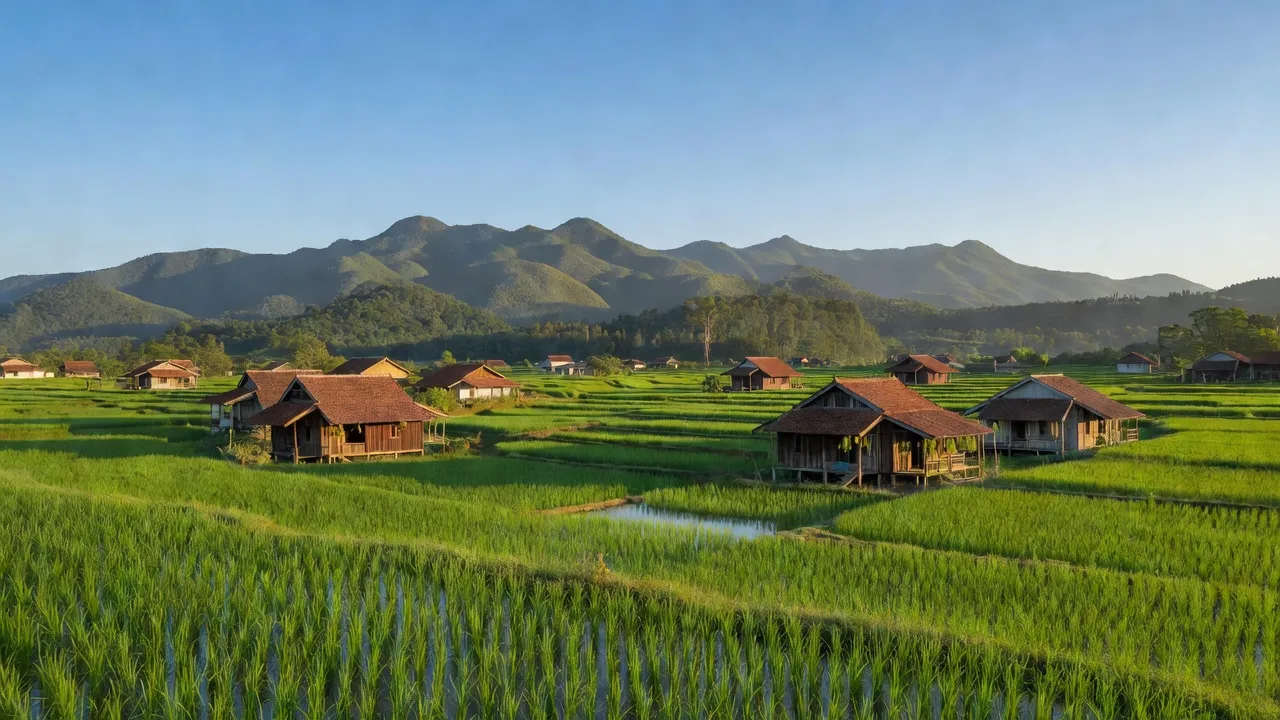 Phong cảnh xã Lộc Hiệp, huyện Lộc Ninh, tỉnh Bình Phước với cánh đồng xanh ngát và nhà truyền thống.