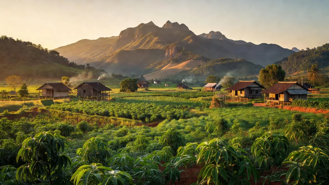 Cảnh quan xã Lộc Hưng, huyện Lộc Ninh, tỉnh Bình Phước với thiên nhiên tươi đẹp và nhiều ngôi nhà.