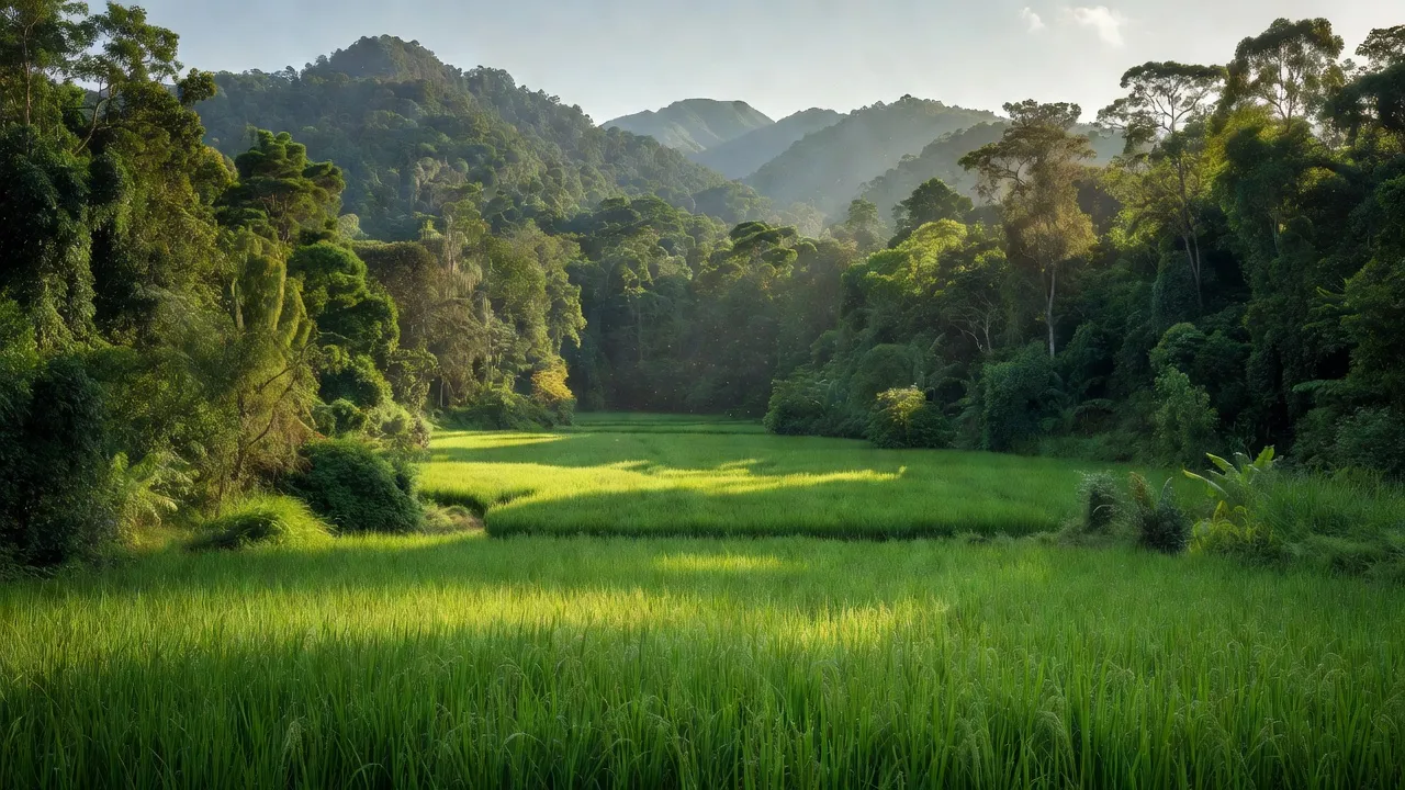 Khung cảnh hữu tình xã Lộc Khánh, huyện Lộc Ninh, Bình Phước với cánh đồng xanh và rừng cây.