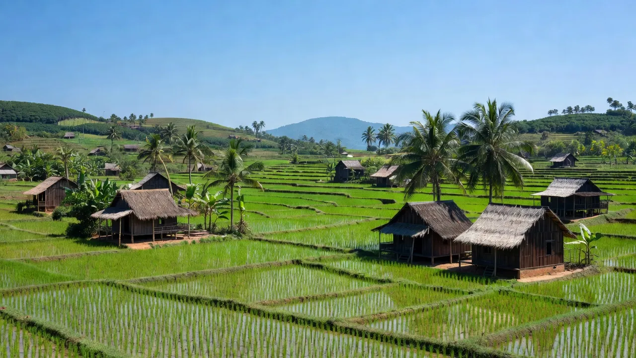 Chào buổi sáng Lộc Phú, Lộc Ninh với cánh đồng xanh và trời trong xanh, Bình Phước.