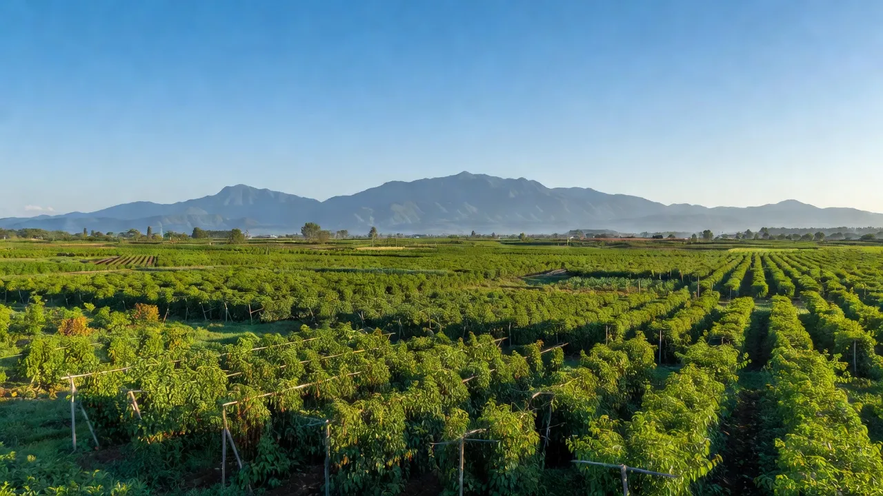 Cảnh quan nông thôn ở xã Lộc Quang, huyện Lộc Ninh, tỉnh Bình Phước với cánh đồng xanh và cây tiêu.