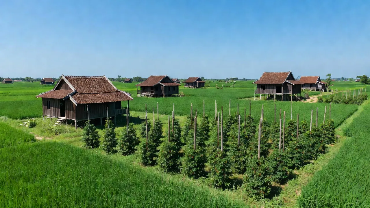 Khung cảnh nông thôn ở Xã Lộc Quang, huyện Lộc Ninh, Bình Phước với cánh đồng xanh tươi.