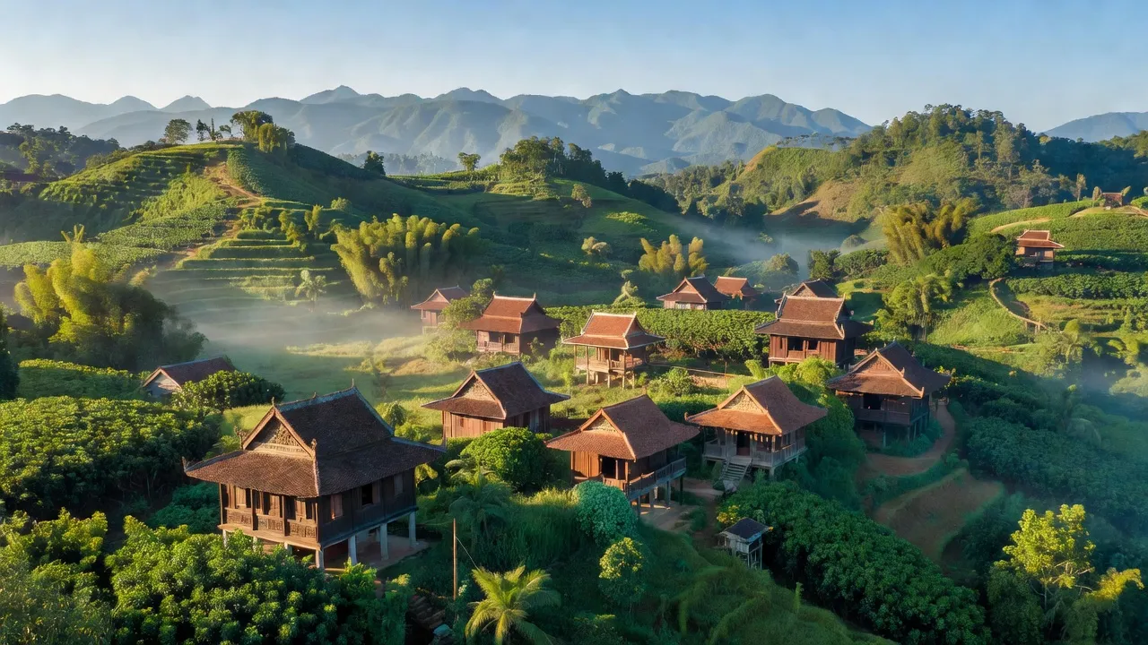 Khung cảnh Xã Lộc Tấn, huyện Lộc Ninh, Bình Phước, với đồi núi xanh tươi và kiến trúc truyền thống.