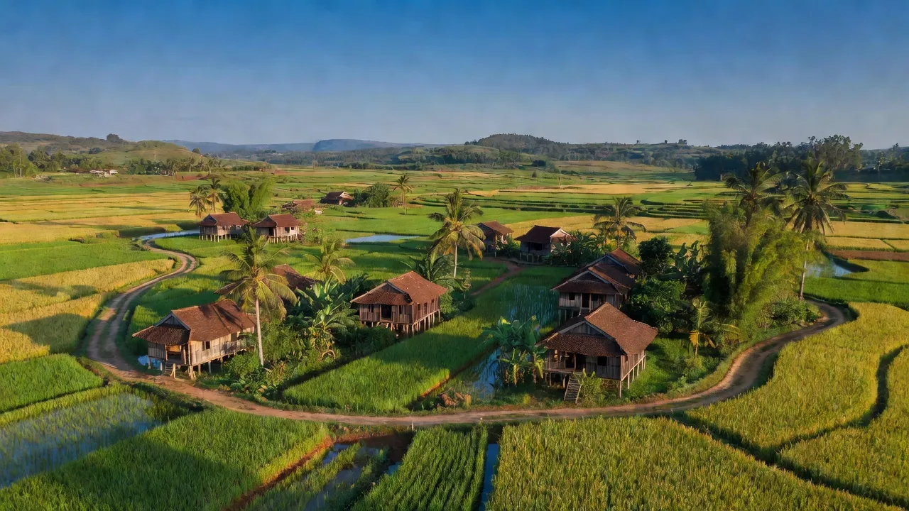 Lộc Thái, Lộc Ninh district with green rice fields and traditional houses in Bình Phước province.