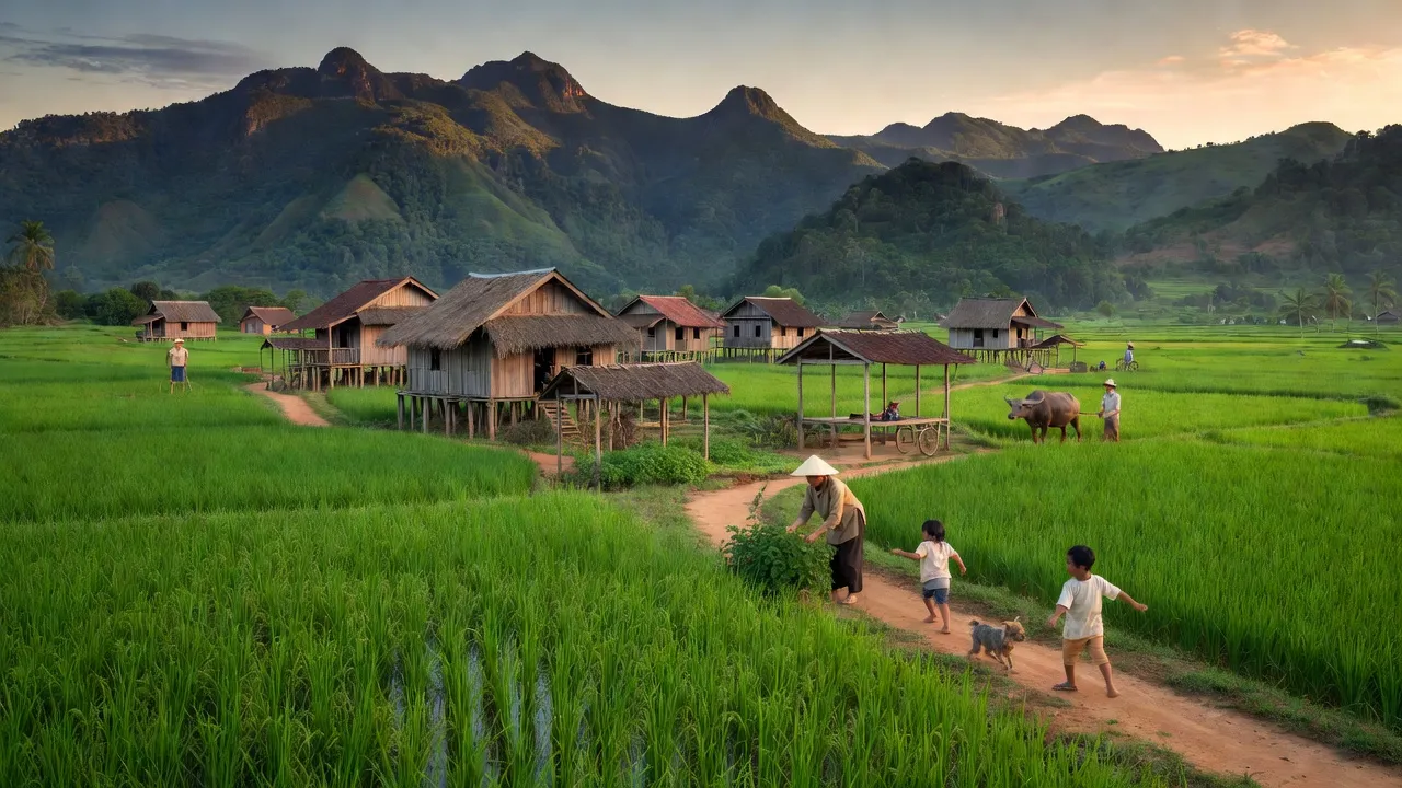 Cảnh quan xã Lộc Thạnh huyện Lộc Ninh, Bình Phước với đồng xanh và núi non hùng vĩ