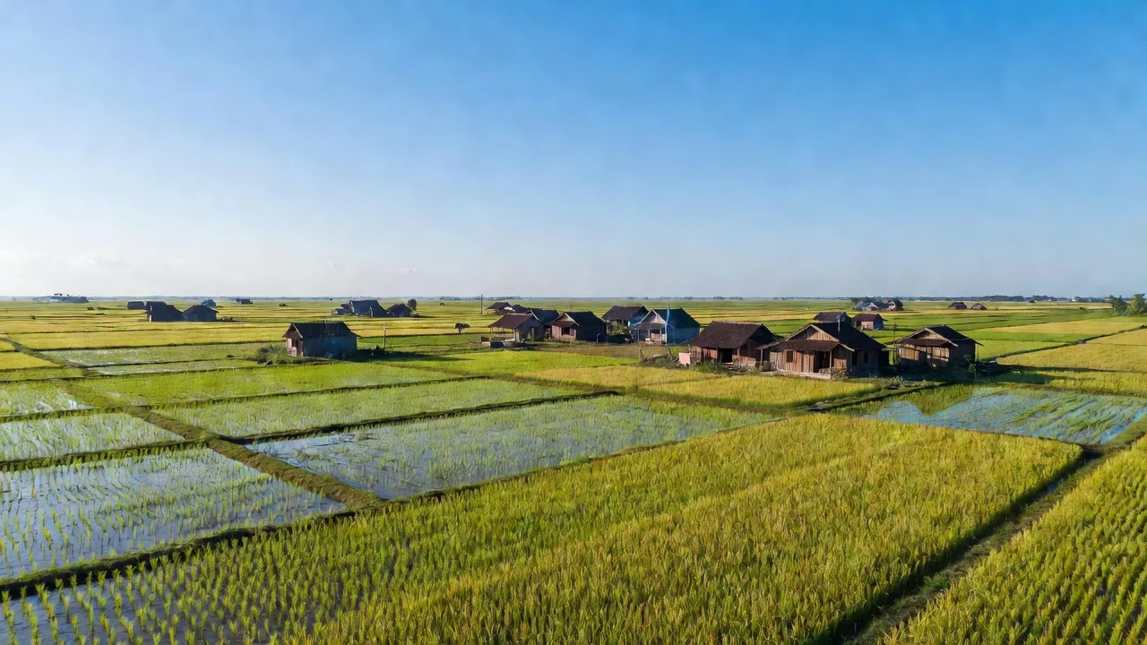 Khung cảnh Lộc Thiện, huyện Lộc Ninh, tỉnh Bình Phước với đồng bằng và nhà truyền thống.