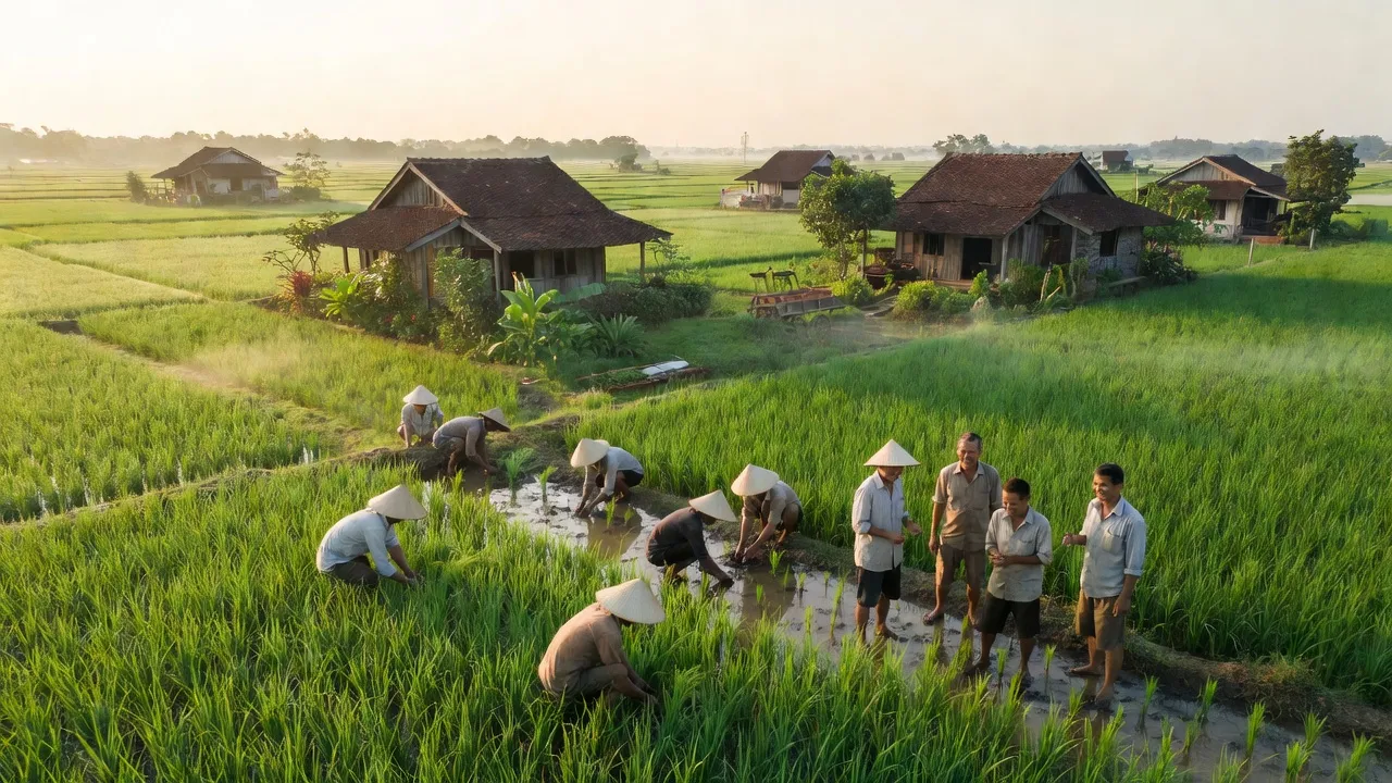 Cảnh đẹp xã Lộc Thịnh, huyện Lộc Ninh, Bình Phước với ruộng đồng xanh tươi và nhà truyền thống.
