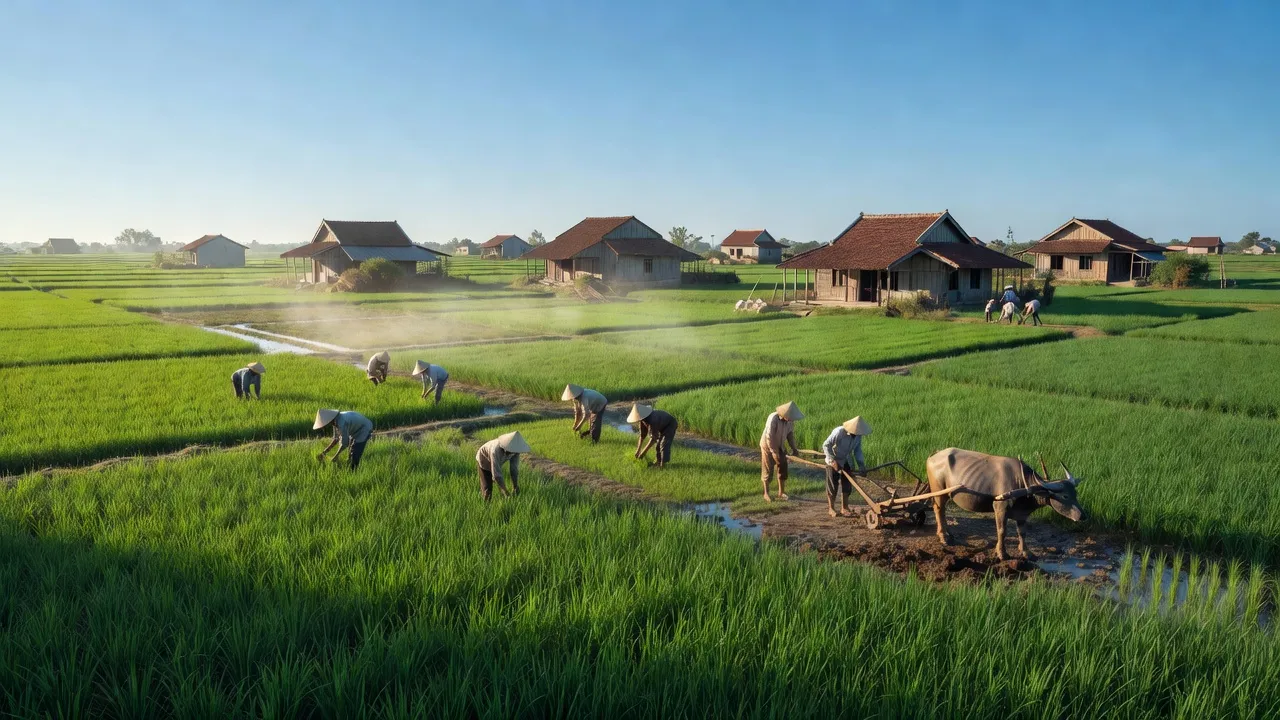 Khung cảnh xã Lộc Thịnh, huyện Lộc Ninh, Bình Phước với cánh đồng xanh và nhà truyền thống.