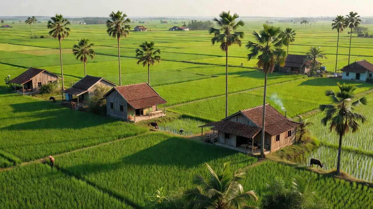 Cảnh quan xã Lộc Thuận, Lộc Ninh, Bình Phước với ruộng đồng và nhà truyền thống.