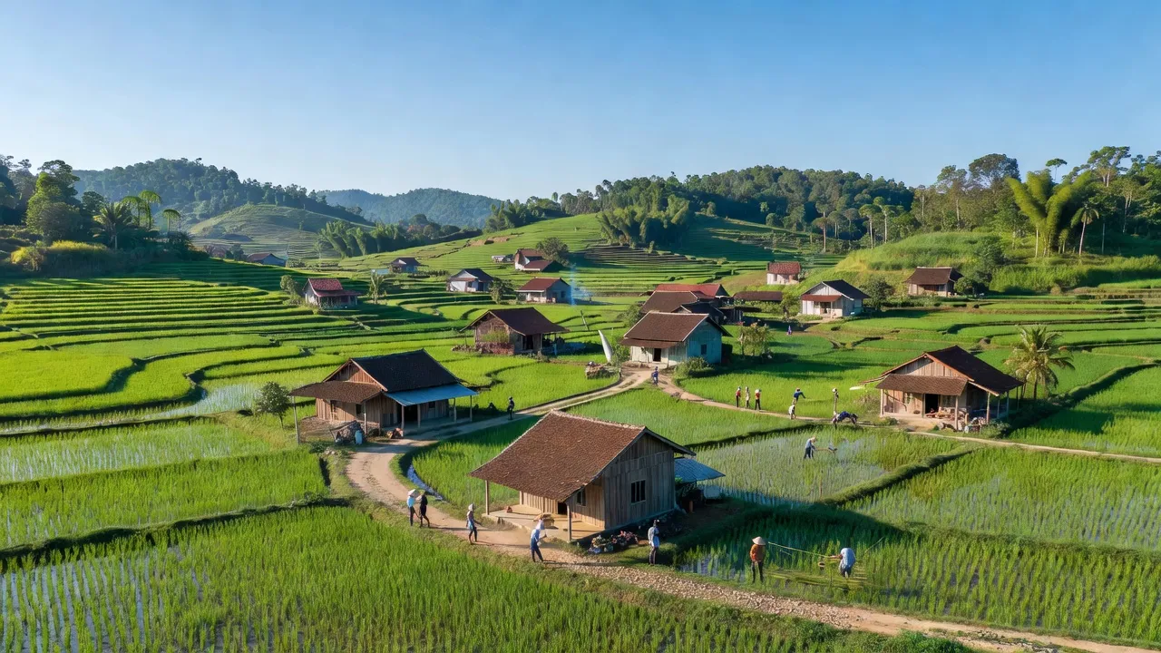 Khung cảnh đồng quê xã Bình Sơn, huyện Phú Riềng, tỉnh Bình Phước với ruộng xanh tươi, nhà dân và bầu trời trong sáng.