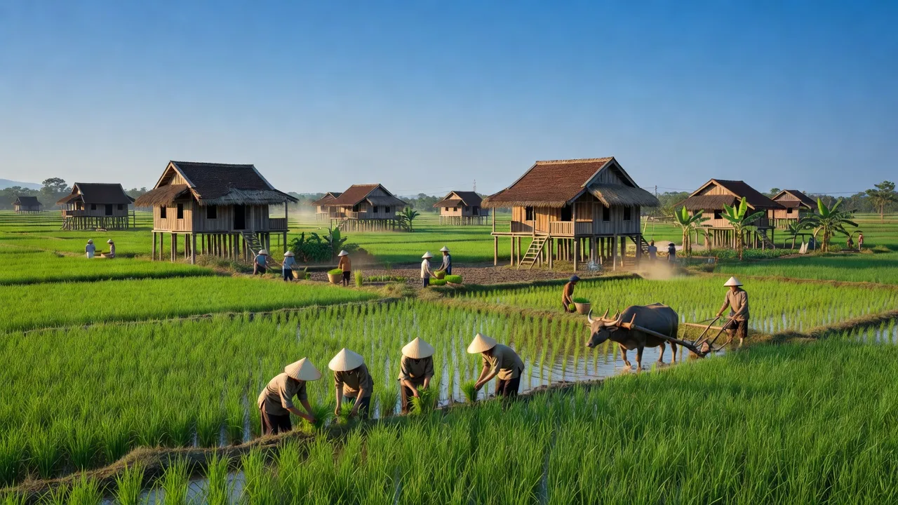 Cảnh đẹp xã Bình Tân, huyện Phú Riềng, tỉnh Bình Phước với cánh đồng xanh và nhà truyền thống.