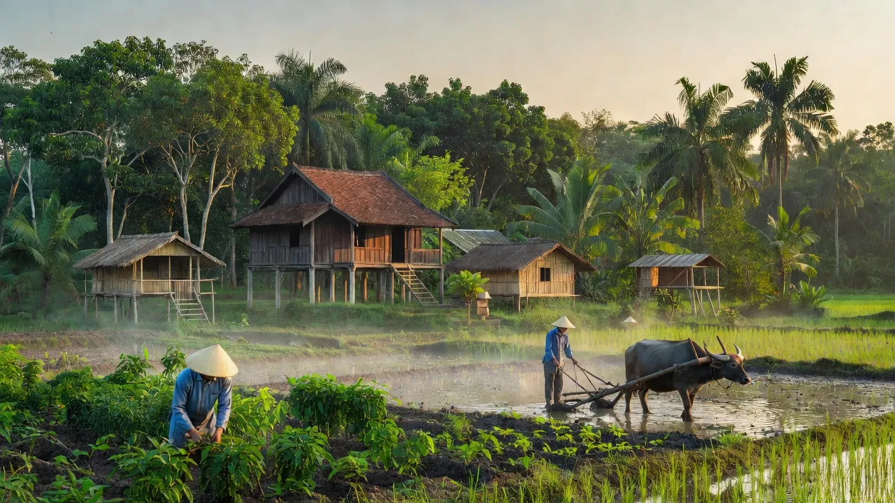 Khung cảnh yên bình xã Bình Tân, huyện Phú Riềng, với cảnh sắc xanh tươi và nhà truyền thống.