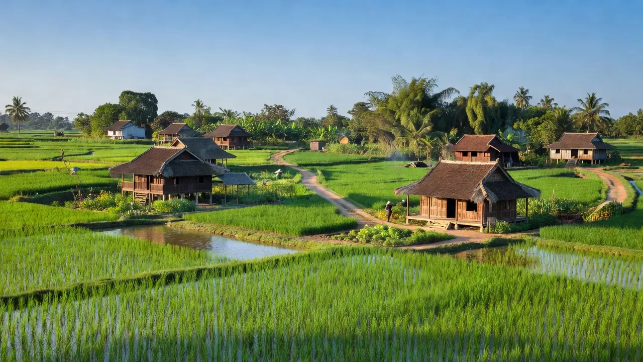Bù Nho village in Phú Riềng, Bình Phước, showcasing green fields and traditional houses in sunny weather