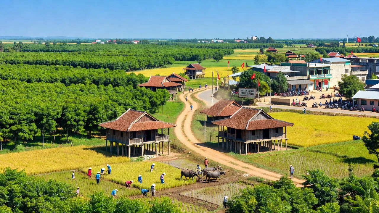 Cảnh quan Xã Bù Nho, Huyện Phú Riềng, Tỉnh Bình Phước với cây xanh và kiến trúc truyền thống.