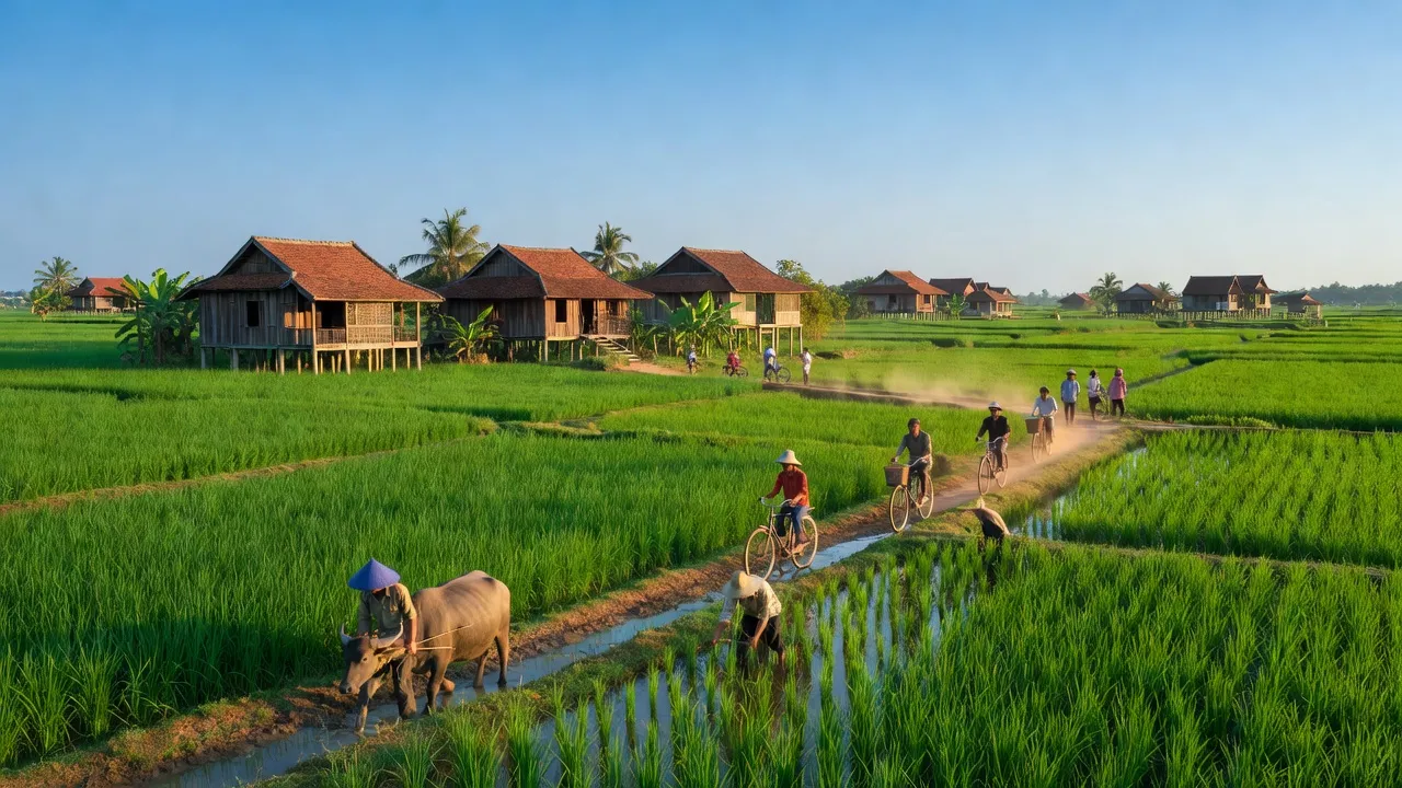 Cảnh đẹp xã Long Bình, Huyện Phú Riềng, tỉnh Bình Phước với đồng xanh và nhà truyền thống.