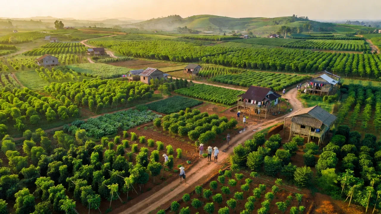 Cảnh đẹp Xã Long Hà, Huyện Phú Riềng, Tỉnh Bình Phước với cánh đồng và thiên nhiên xanh mát.