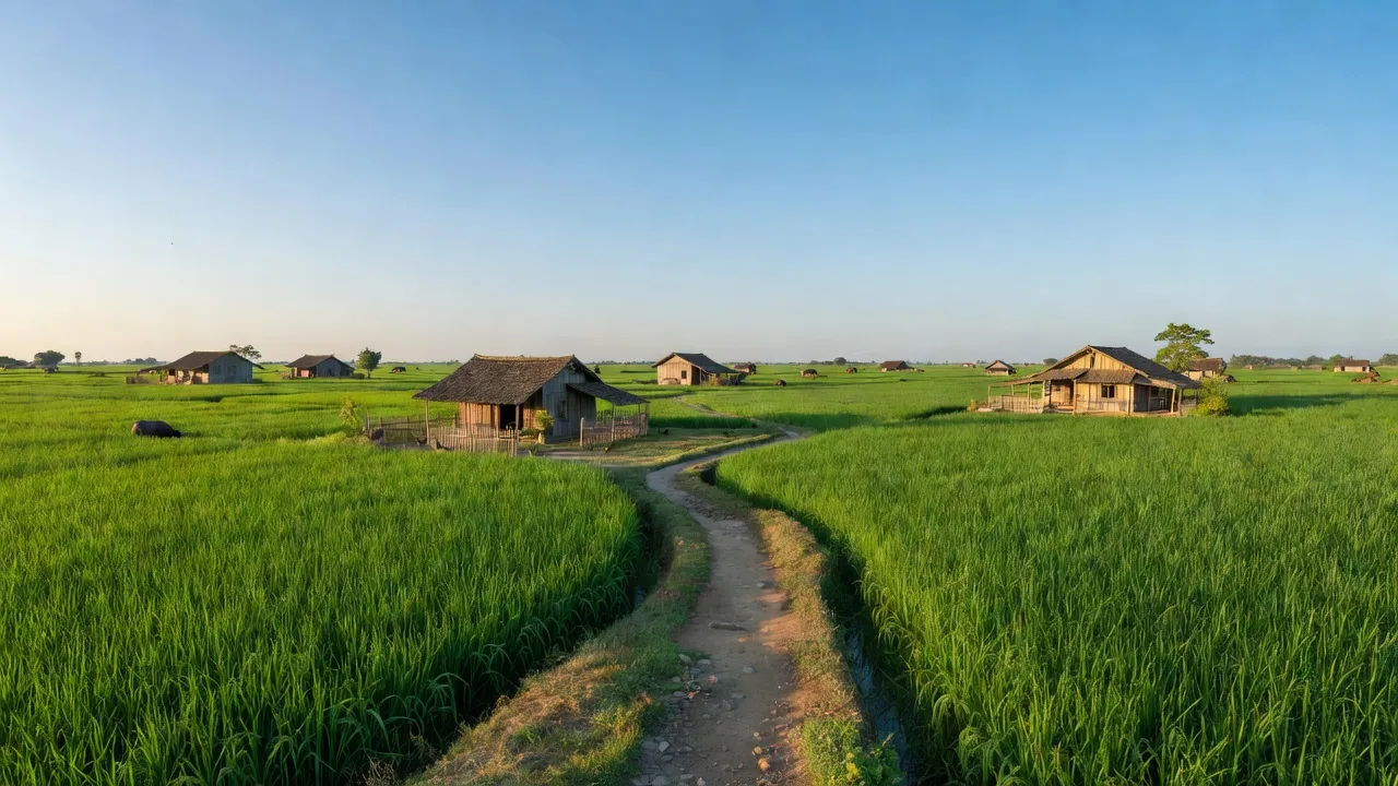 Cảnh đẹp Xã Long Hà, Huyện Phú Riềng với cánh đồng xanh tươi và ngôi nhà truyền thống.
