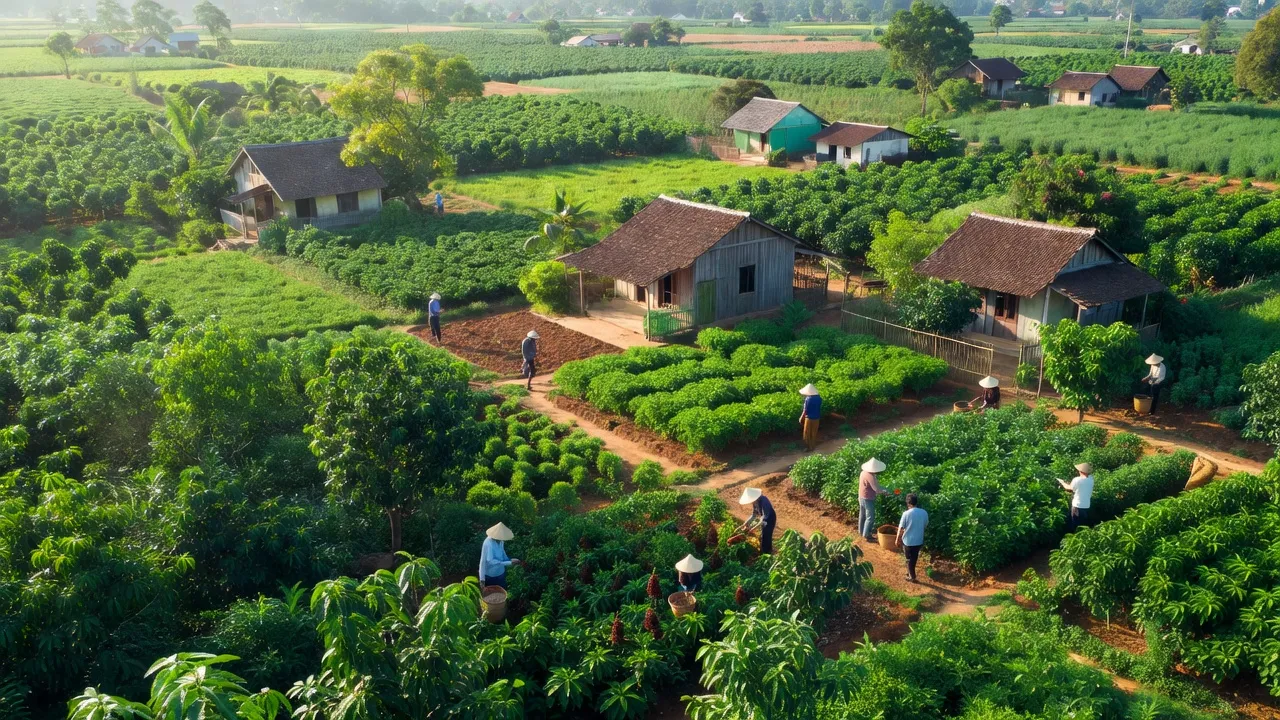Phong cảnh xã Phú Trung, huyện Phú Riềng, tỉnh Bình Phước, cây xanh và văn hóa nông thôn truyền thống.