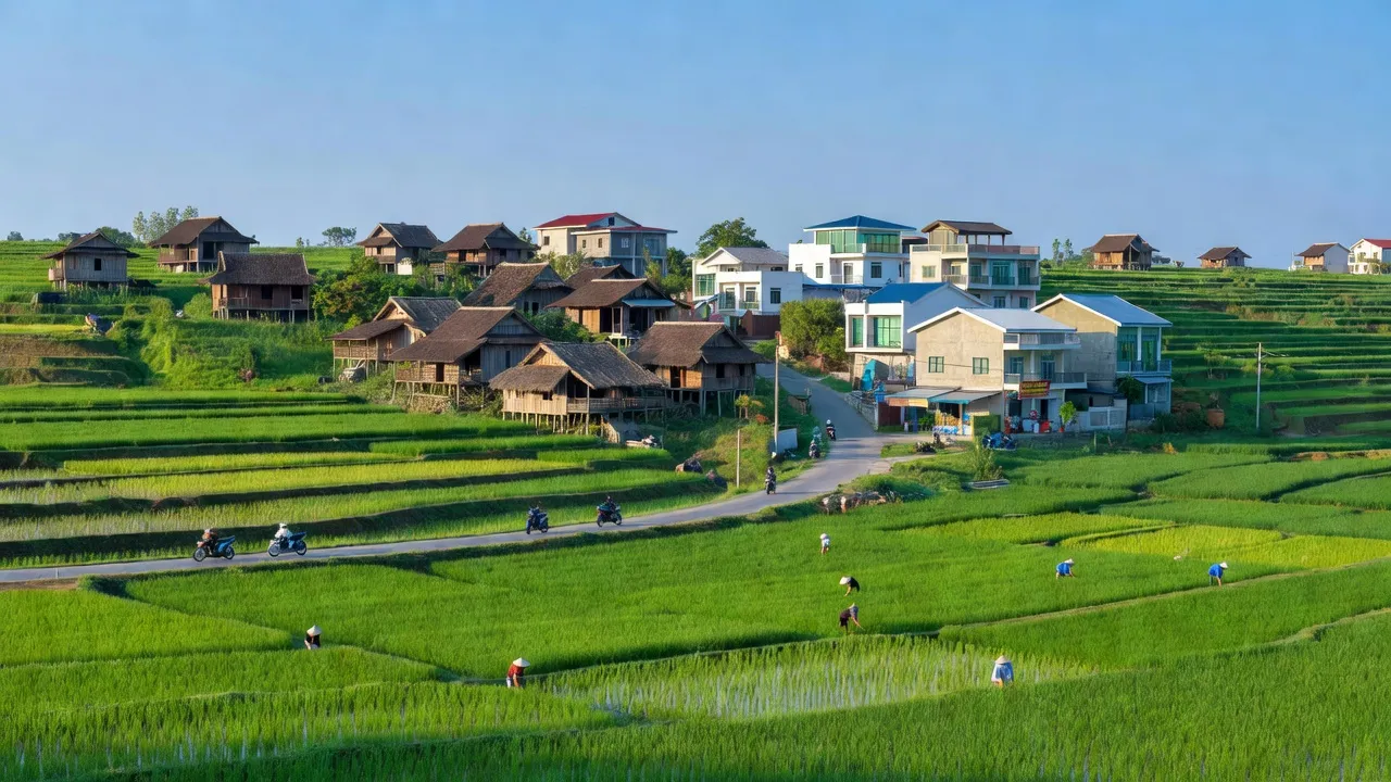 Phú Trung, Phú Riềng, Bình Phước: picturesque rice fields and traditional homes under blue sky.