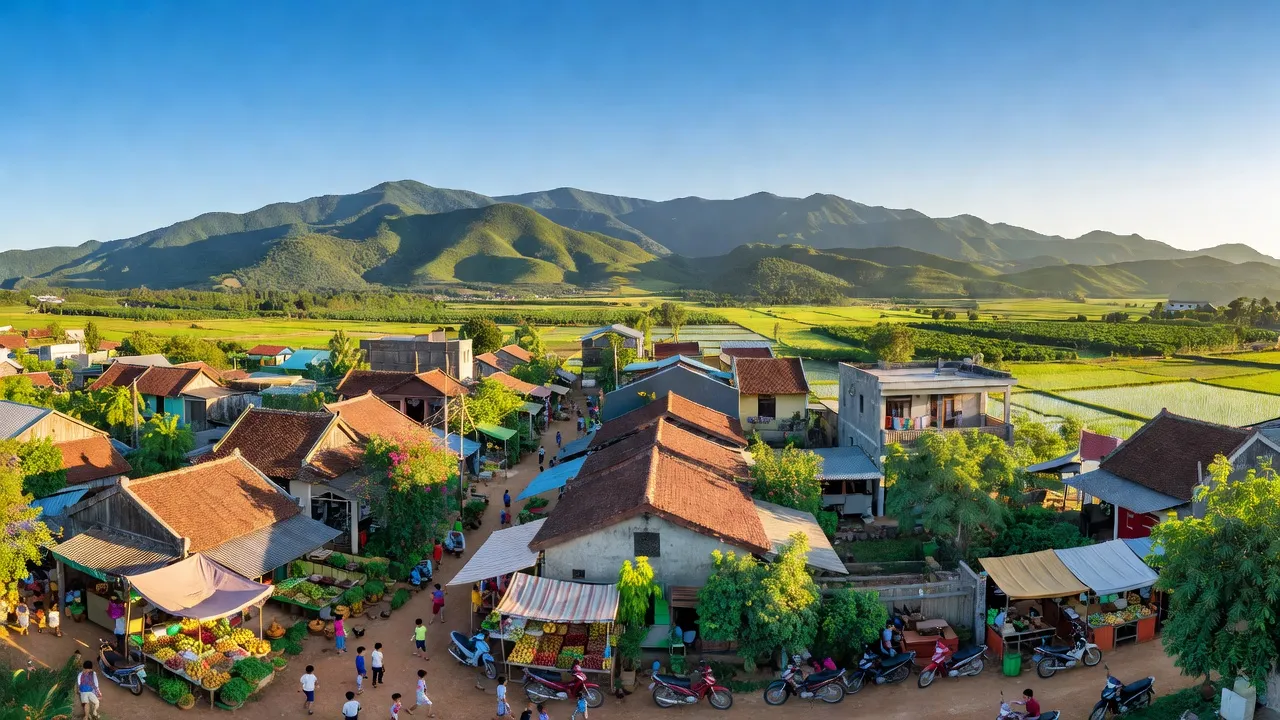 Khung cảnh thị xã Phước Long, Bình Phước, với núi xanh và đồng bằng, thể hiện sự phát triển địa phương.