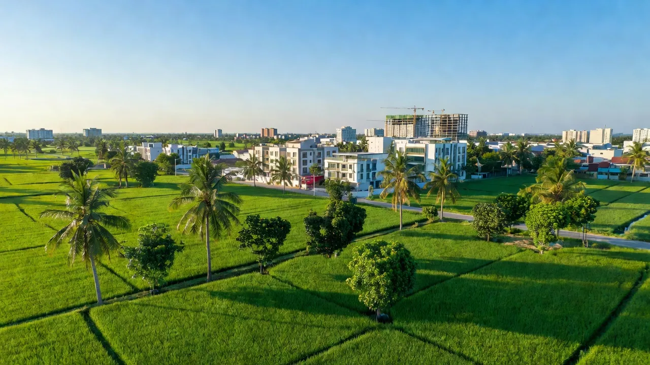 Khung cảnh thân quen của xã Long Giang, Phước Long, Bình Phước, với cánh đồng và cây cối xanh.