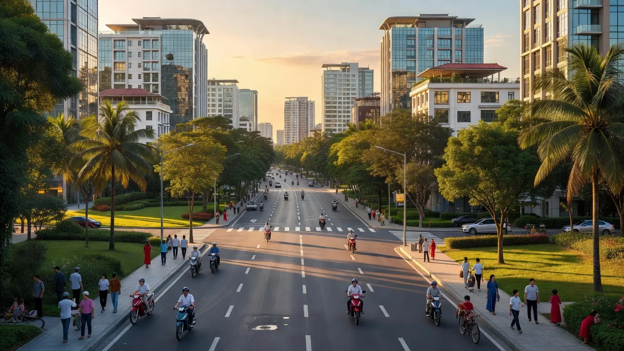 Cảnh quan đô thị Phường Phước Bình, Thị xã Phước Long, với tòa nhà và cây xanh rợp bóng.