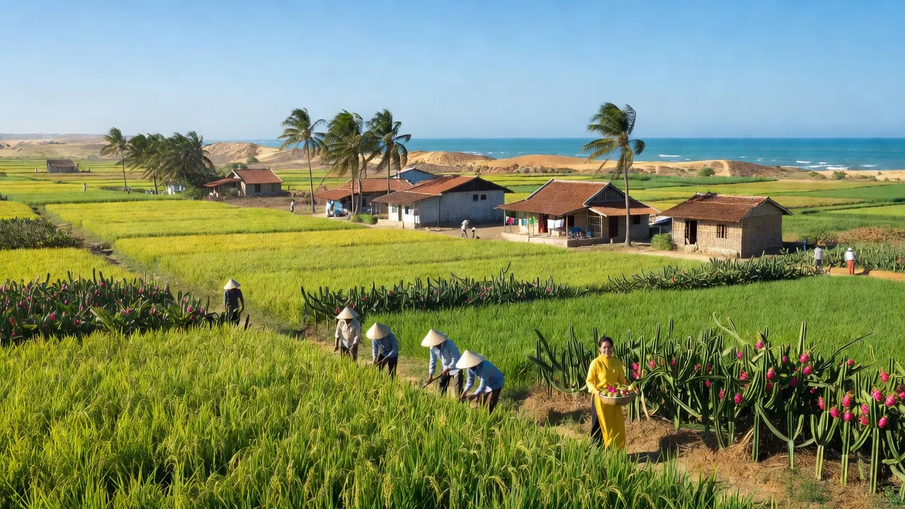 Khung cảnh huyện Bắc Bình, tỉnh Bình Thuận với nông nghiệp và biển cả dưới bầu trời xanh.