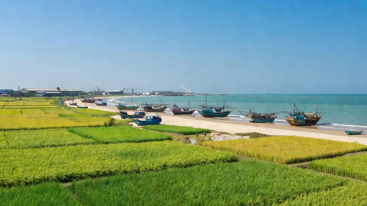 Khung cảnh ven biển Bắc Bình, Bình Thuận với ruộng xanh, thuyền đánh cá và bầu trời trong xanh.