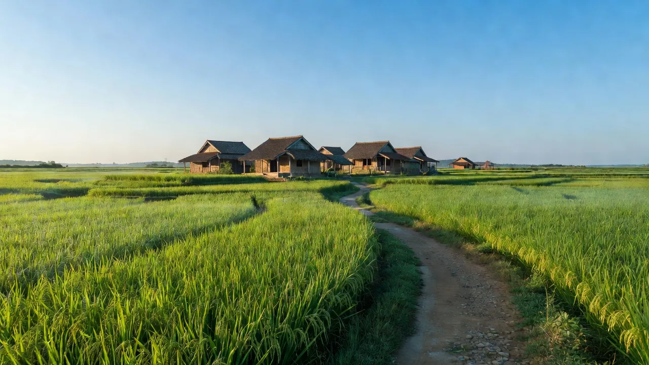 Cảnh đẹp nông thôn xã Bình An, huyện Bắc Bình, tỉnh Bình Thuận với cánh đồng lúa xanh.