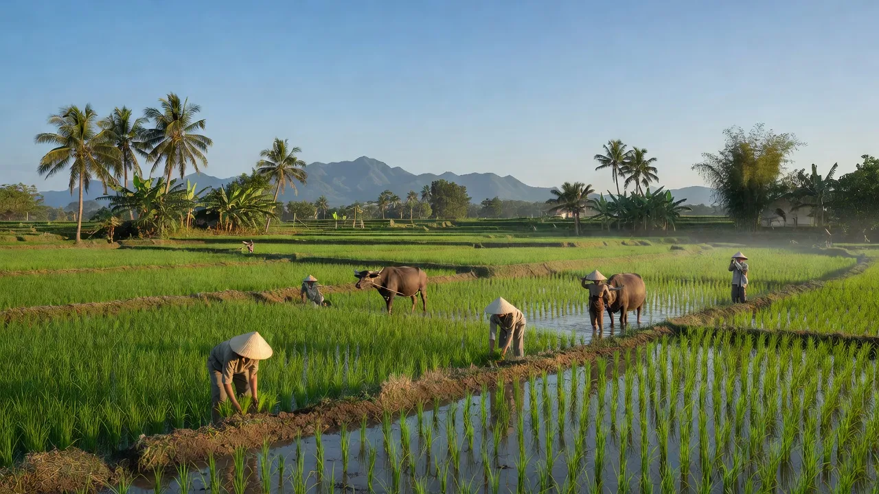 Cảnh nông thôn ở Xã Bình An, huyện Bắc Bình, tỉnh Bình Thuận với cánh đồng xanh tươi.